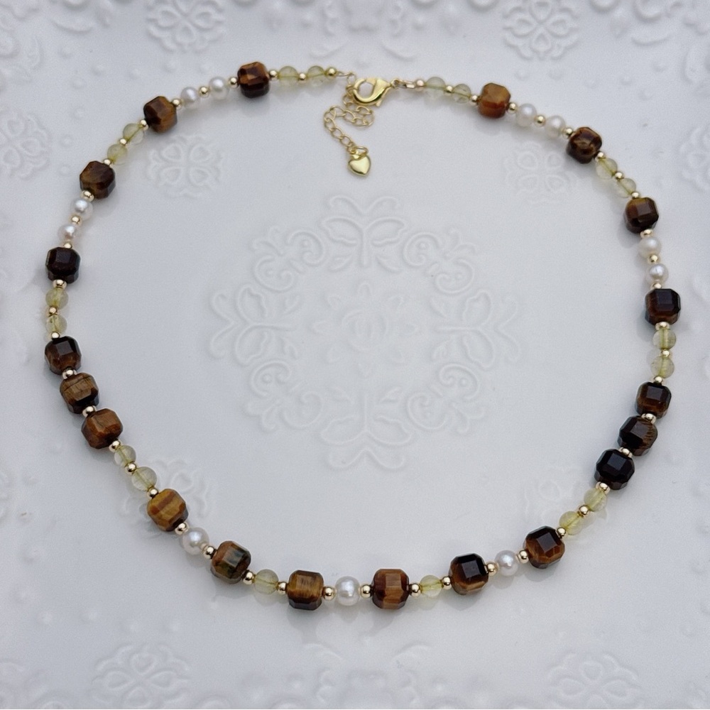 X398 Handmade Freshwater Pearl Tiger Eye Necklace